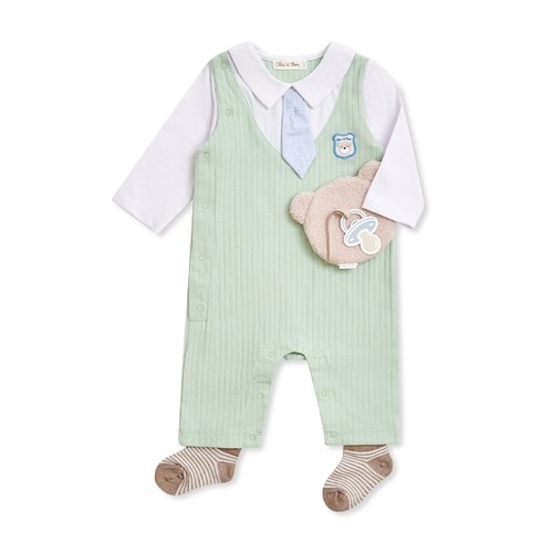 Chic a Bon 綠意小熊紳士兔裝禮盒/連身衣3件組禮盒 (兔裝+安撫巾+襪子)