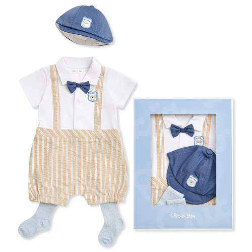 Chic a Bon 小熊紳士褐色吊帶兔裝禮盒/連身衣3件組禮盒 (兔裝+帽子+襪子)