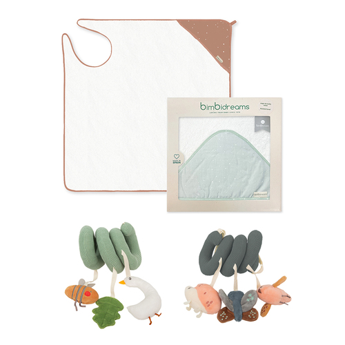 【網路獨家】純棉連帽圍裙式寶寶浴巾禮盒 100x100cm+捲捲安撫玩具