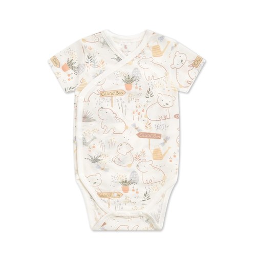 小熊牧場短袖兩段式調節開襟包屁衣 (天絲洞感緹花布)