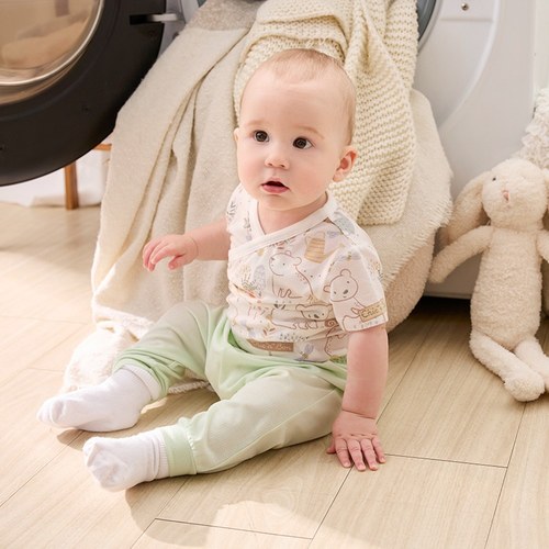 小熊牧場短袖兩段式調節開襟包屁衣 (天絲洞感緹花布)