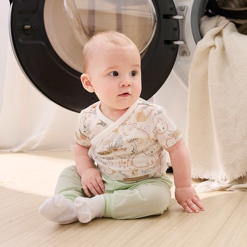 小熊牧場短袖兩段式調節開襟包屁衣 (天絲洞感緹花布)