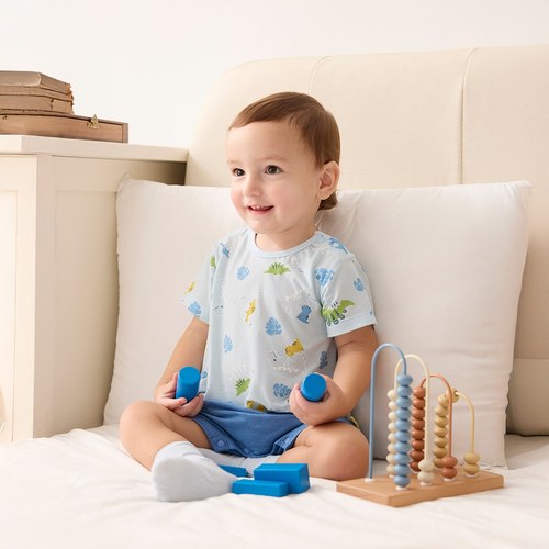 恐龍家族藍色短袖兔裝 (水晶紗)