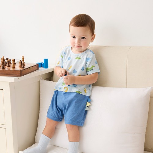 恐龍家族藍色短袖兔裝 (水晶紗)