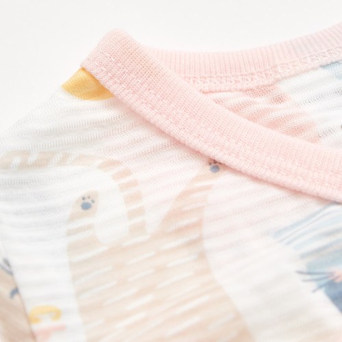 萌貓樂園短袖兩段式調節開襟包屁衣 (天絲橫紋單面布)