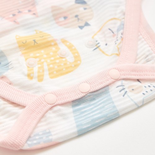 萌貓樂園短袖兩段式調節開襟包屁衣 (天絲橫紋單面布)