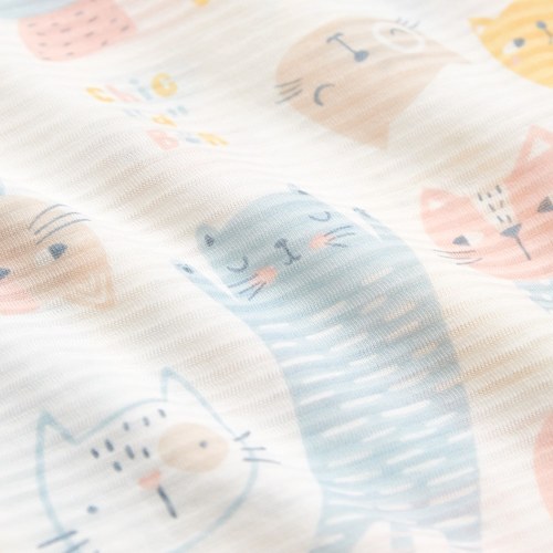 萌貓樂園短袖兩段式調節開襟包屁衣 (天絲橫紋單面布)