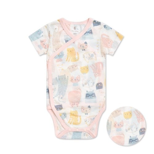 萌貓樂園短袖兩段式調節開襟包屁衣 (天絲橫紋單面布)