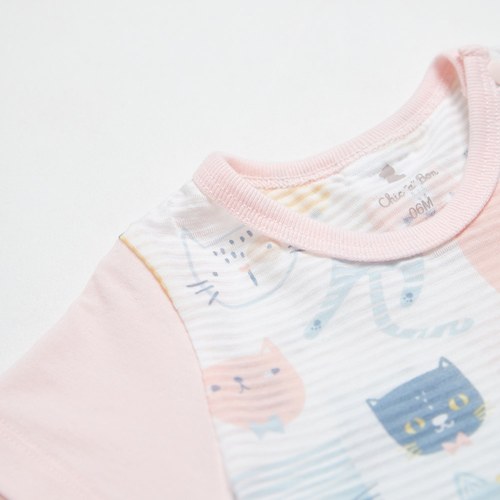 萌貓樂園短袖側開包屁衣 (天絲橫紋單面布)