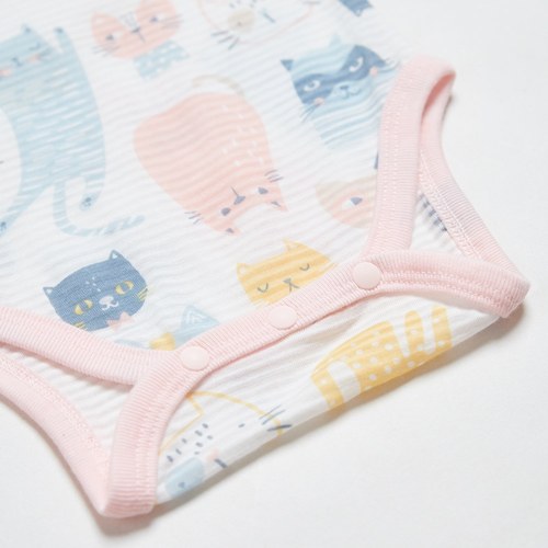 萌貓樂園短袖側開包屁衣 (天絲橫紋單面布)