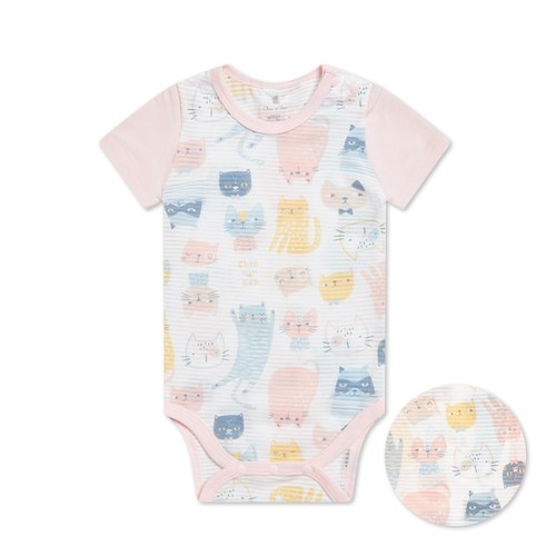 萌貓樂園短袖側開包屁衣 (天絲橫紋單面布)