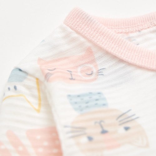 萌貓樂園長袖側開包屁衣 (天絲橫紋單面布)