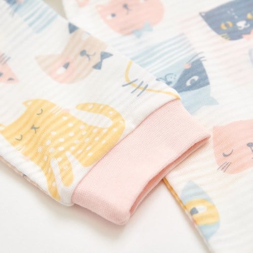 萌貓樂園長袖側開包屁衣 (天絲橫紋單面布)