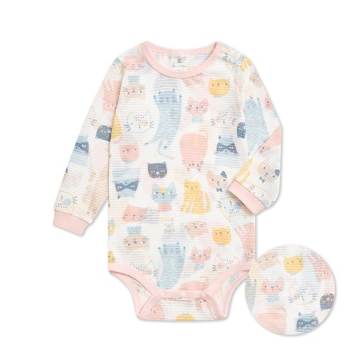 萌貓樂園長袖側開包屁衣 (天絲橫紋單面布)