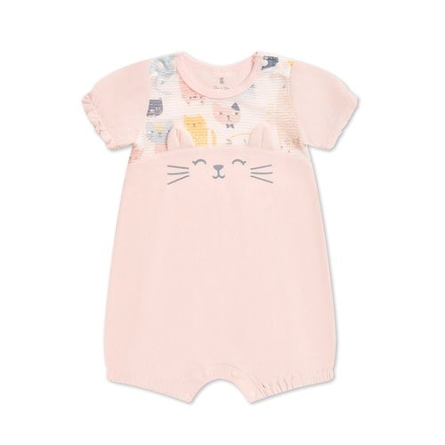 萌貓樂園粉色短袖兔裝 (天絲橫紋單面布)