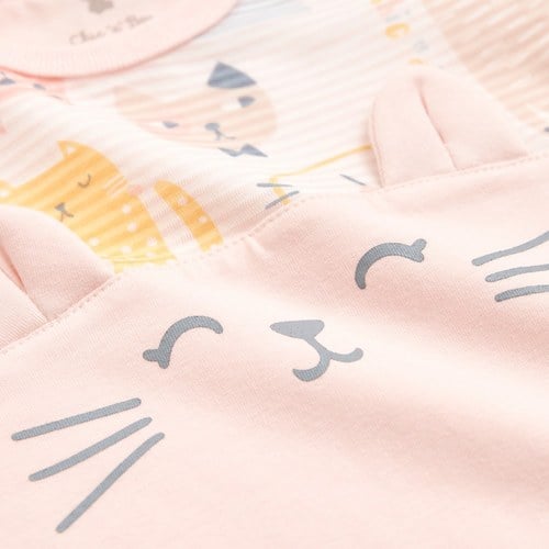 萌貓樂園粉色短袖兔裝 (天絲橫紋單面布)