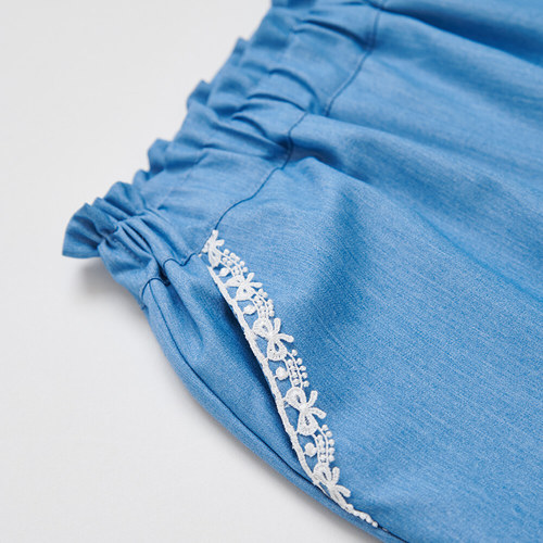 花蝶熊滾邊蕾絲藍色九分褲