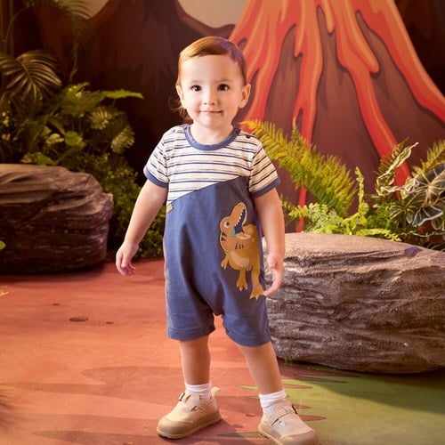 恐龍探險趣條紋拼接短袖兔裝