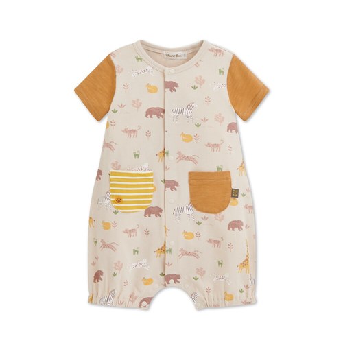 動物樂園滿版印花雙口袋短袖兔裝