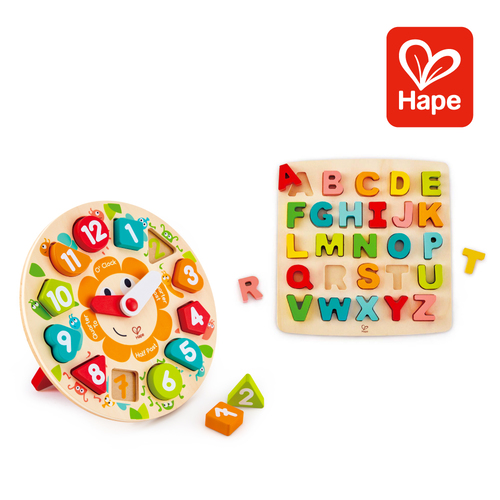 德國Hape ABC×123益智學習組｜英文字母手抓板＋數字配對時鐘