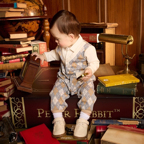 學院比得男緹花菱形假兩件長袖兔裝