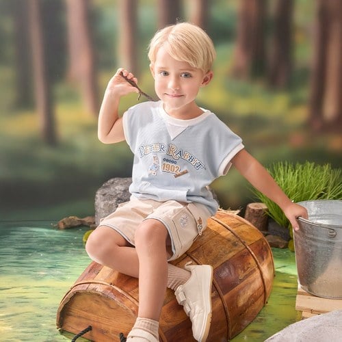 可愛比得工裝風鬆餅格五分褲