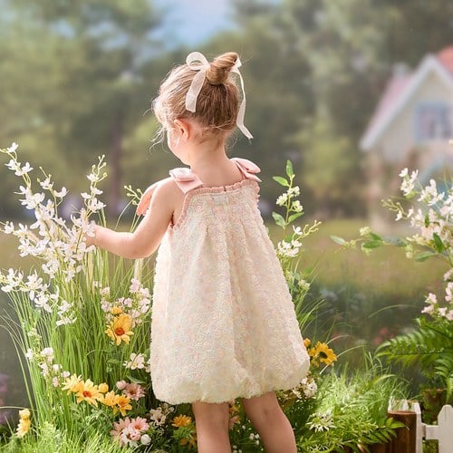 小香兔繽紛立體花蝴蝶結肩帶洋裝