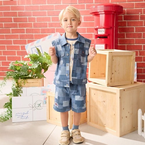 帥氣比得拼接丹寧五分褲