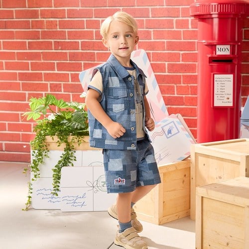 帥氣比得拼接丹寧五分褲