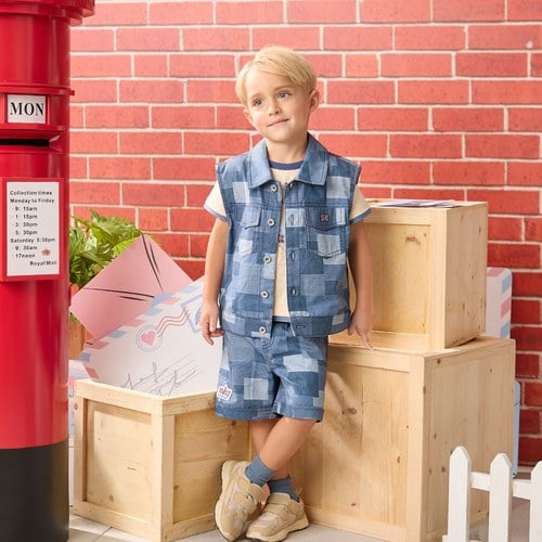 帥氣比得拼接丹寧五分褲