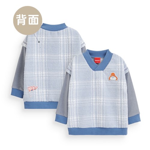 學園明星格紋拼接圓領長袖上衣