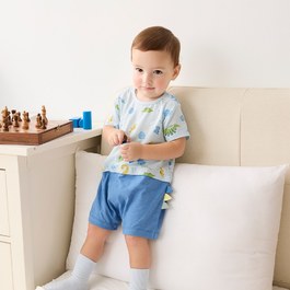 恐龍家族藍色短袖兔裝 (水晶紗)