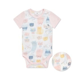 萌貓樂園短袖側開包屁衣 (天絲橫紋單面布)