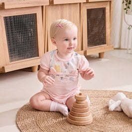 萌貓樂園粉色短袖兔裝 (天絲橫紋單面布)