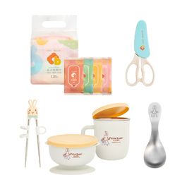 【萌寶自主用餐組】比得兔抗菌不鏽鋼餐具組+好握匙+CB純水柔濕巾30抽(4入/組)+多功能食物剪刀