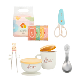 【萌寶自主用餐組】比得兔抗菌不鏽鋼餐具組+好握匙+CB純水柔濕巾30抽(4入/組)+多功能食物剪刀