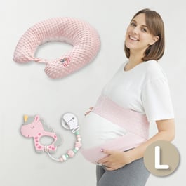 【舒適待產組】彈力交叉式托腹帶(未滅菌)+夢境比得兔豆趣授乳枕+固齒器矽膠奶嘴鏈組