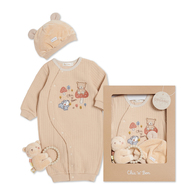 有機棉小熊妙妙裝/連身衣3件組禮盒 (妙妙裝+帽子+手搖鈴)