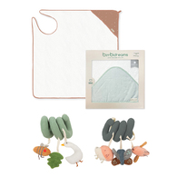 【網路獨家】純棉連帽圍裙式寶寶浴巾禮盒 100x100cm+捲捲安撫玩具