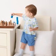 恐龍家族藍色短袖兔裝 (水晶紗)