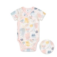 萌貓樂園短袖兩段式調節開襟包屁衣 (天絲橫紋單面布)