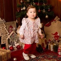 歡樂熊碎花蝴蝶結假兩件長袖兔裝