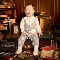 學院比得男緹花菱形假兩件長袖兔裝