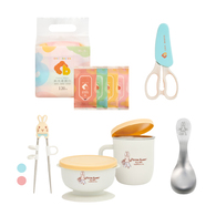 【萌寶自主用餐組】比得兔抗菌不鏽鋼餐具組+好握匙+CB純水柔濕巾30抽(4入/組)+多功能食物剪刀