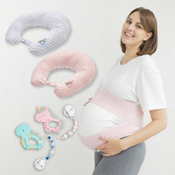 【舒適待產組】彈力交叉式托腹帶(未滅菌)+夢境比得兔豆趣授乳枕+固齒器矽膠奶嘴鏈組